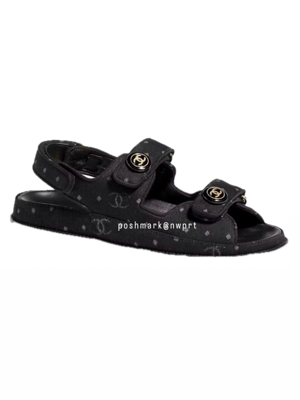 CHANEL CC Logo Dad Sandals Black Denim Polka Dot 36.5 7 - Picture 2 of 10